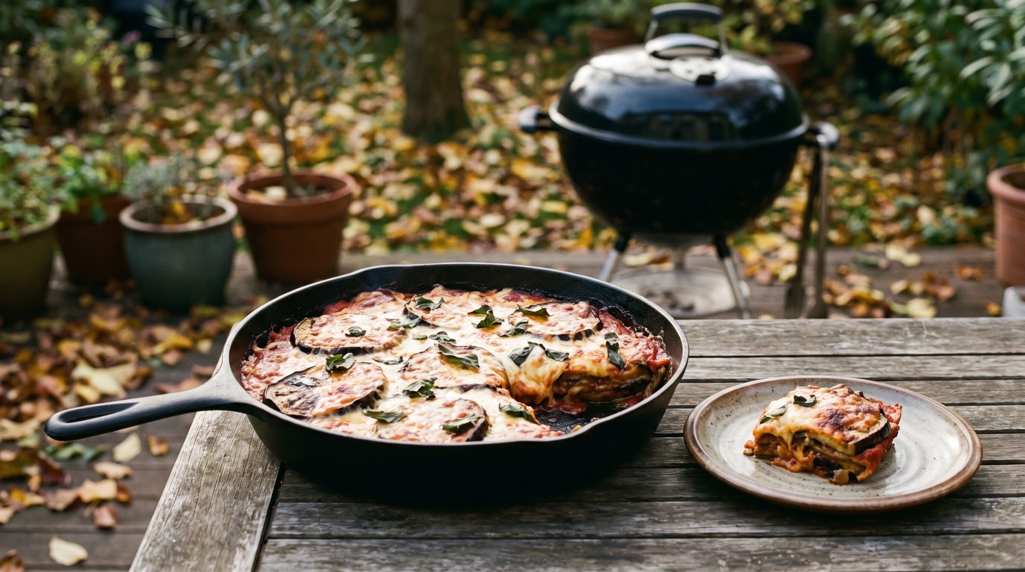 Rakott padlizsán mozzarellával öntöttvas edényben a grillen