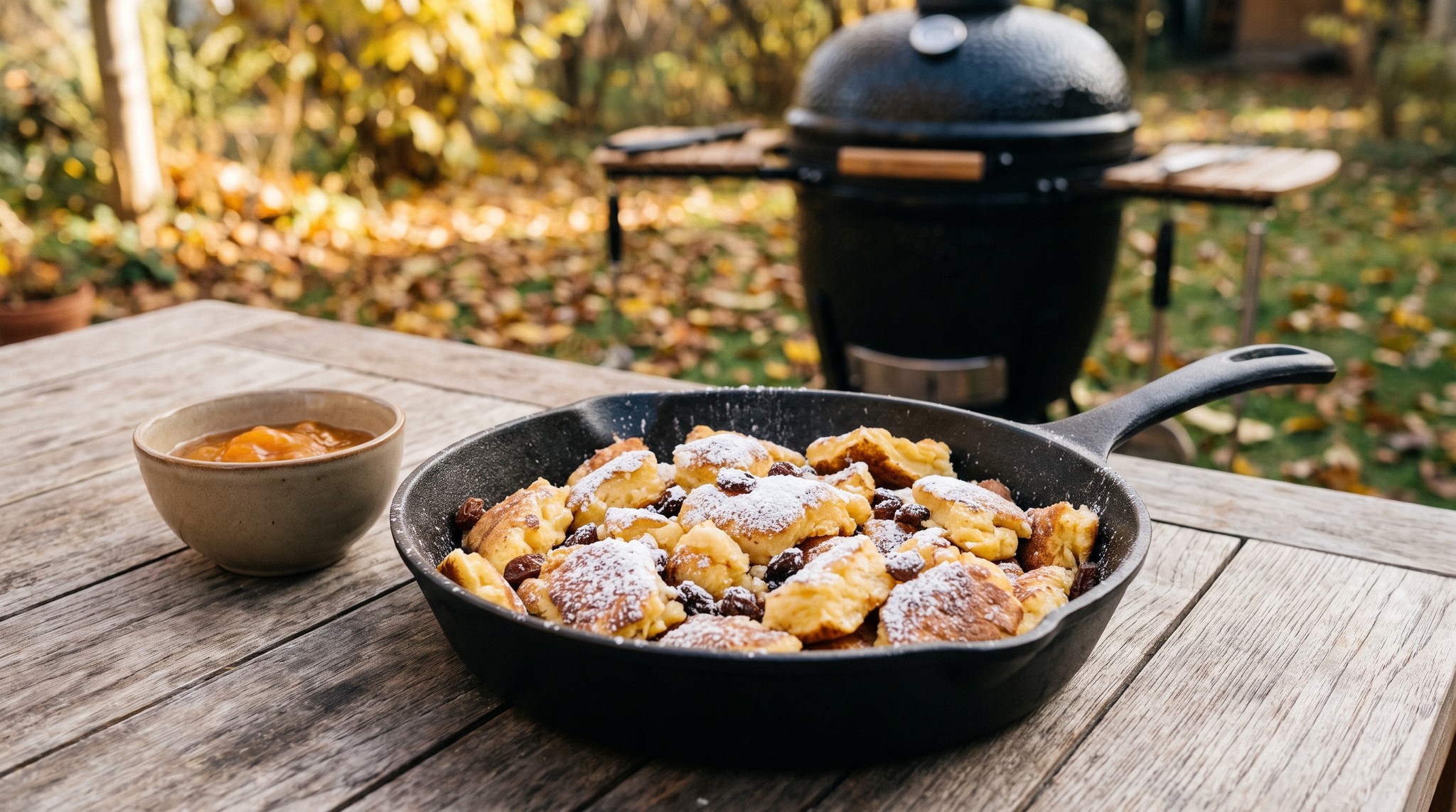 Császármorzsa öntöttvas serpenyőben a grillen