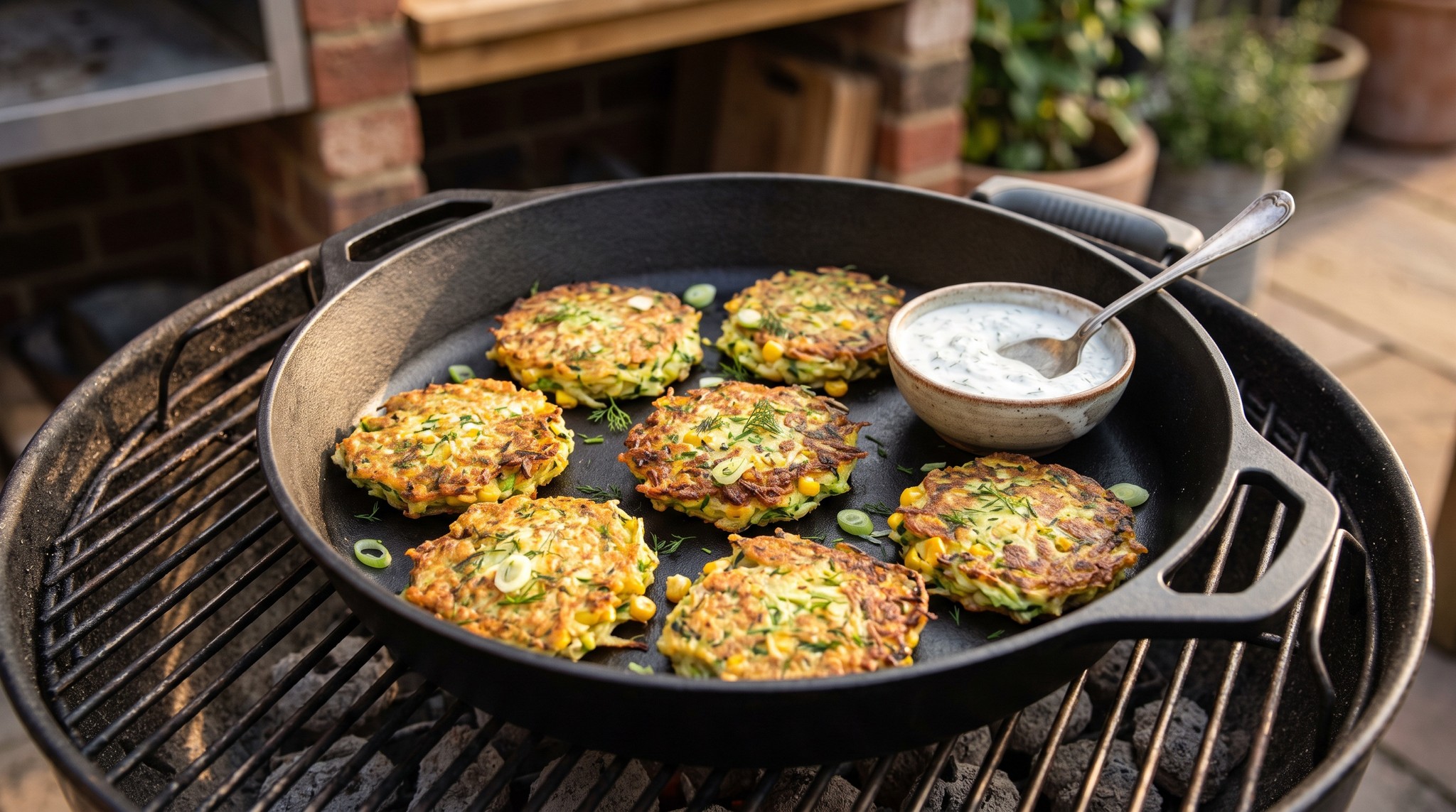 Cukkinis-kukoricás lepénykék öntöttvas serpenyőben a grillen