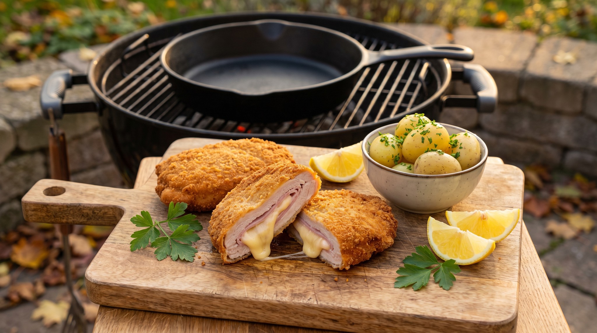 Sertés cordon bleu öntöttvas serpenyőben a grillen