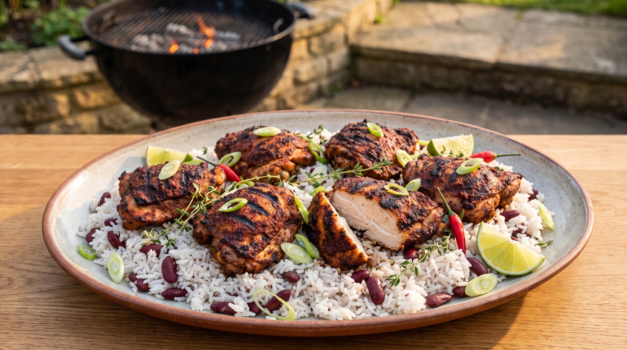 Jamaicai jerk csirkecomb a grillen kókuszos rizzsel