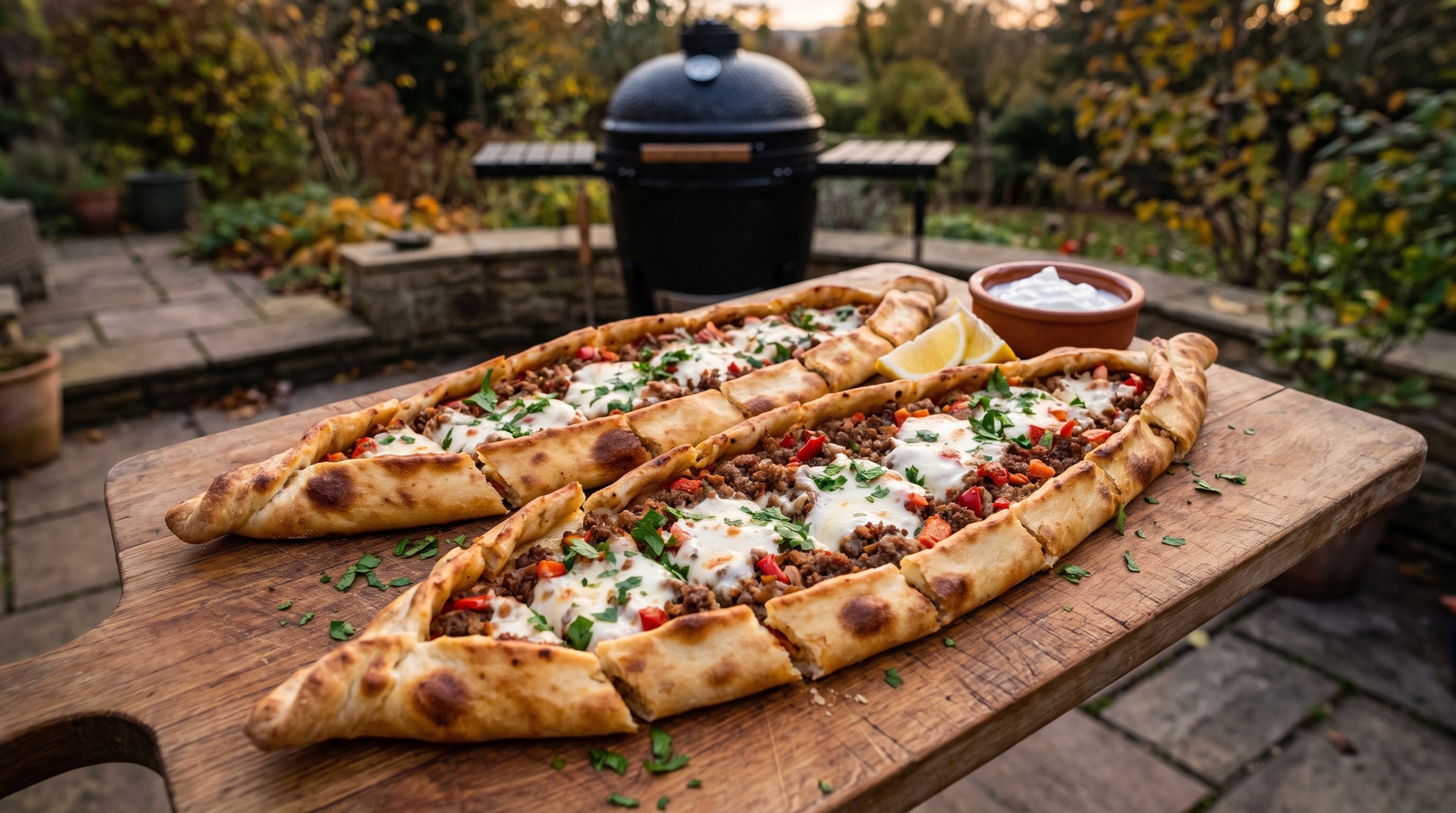 Pide, török csónakpizza a grillen darált hússal