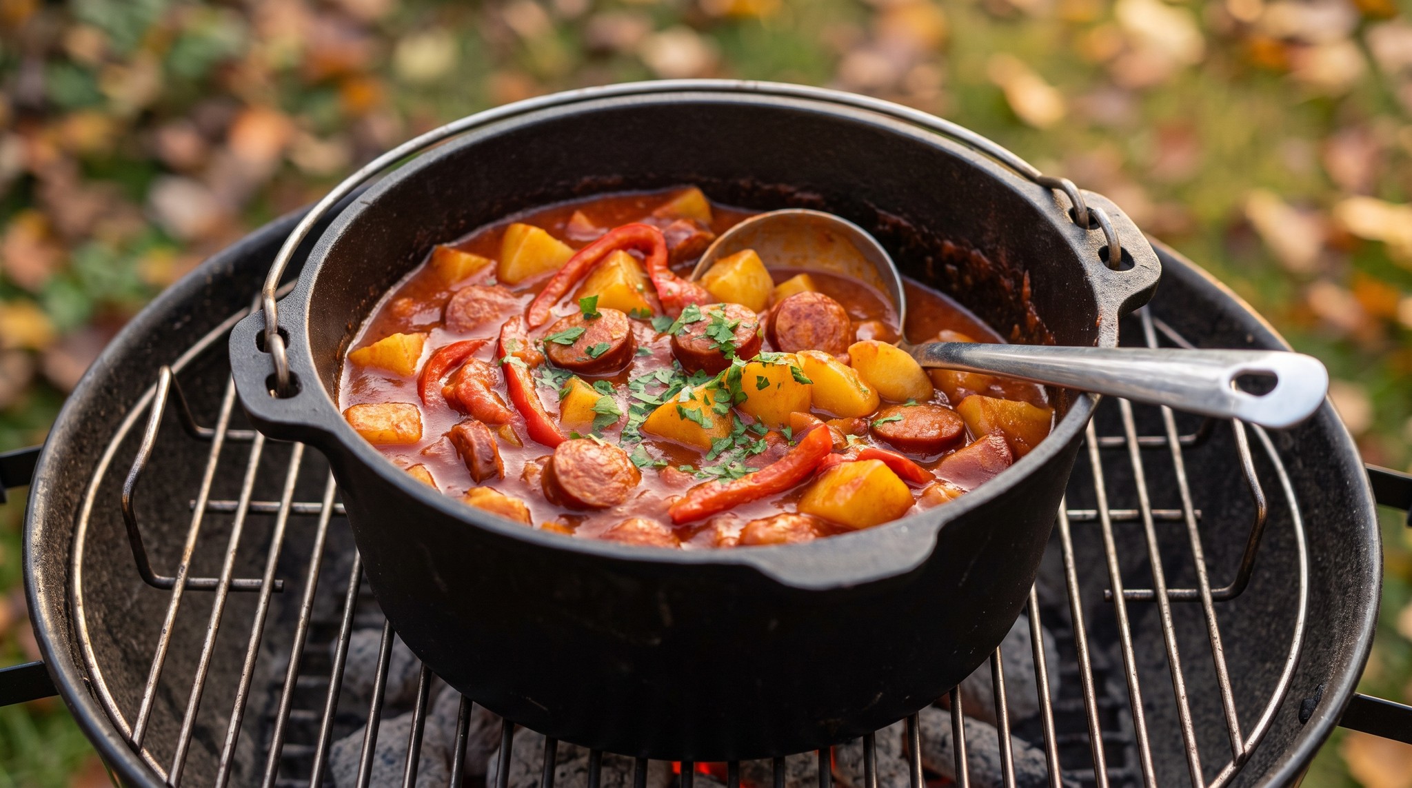 Paprikás krumpli öntöttvas lábasban a grillen
