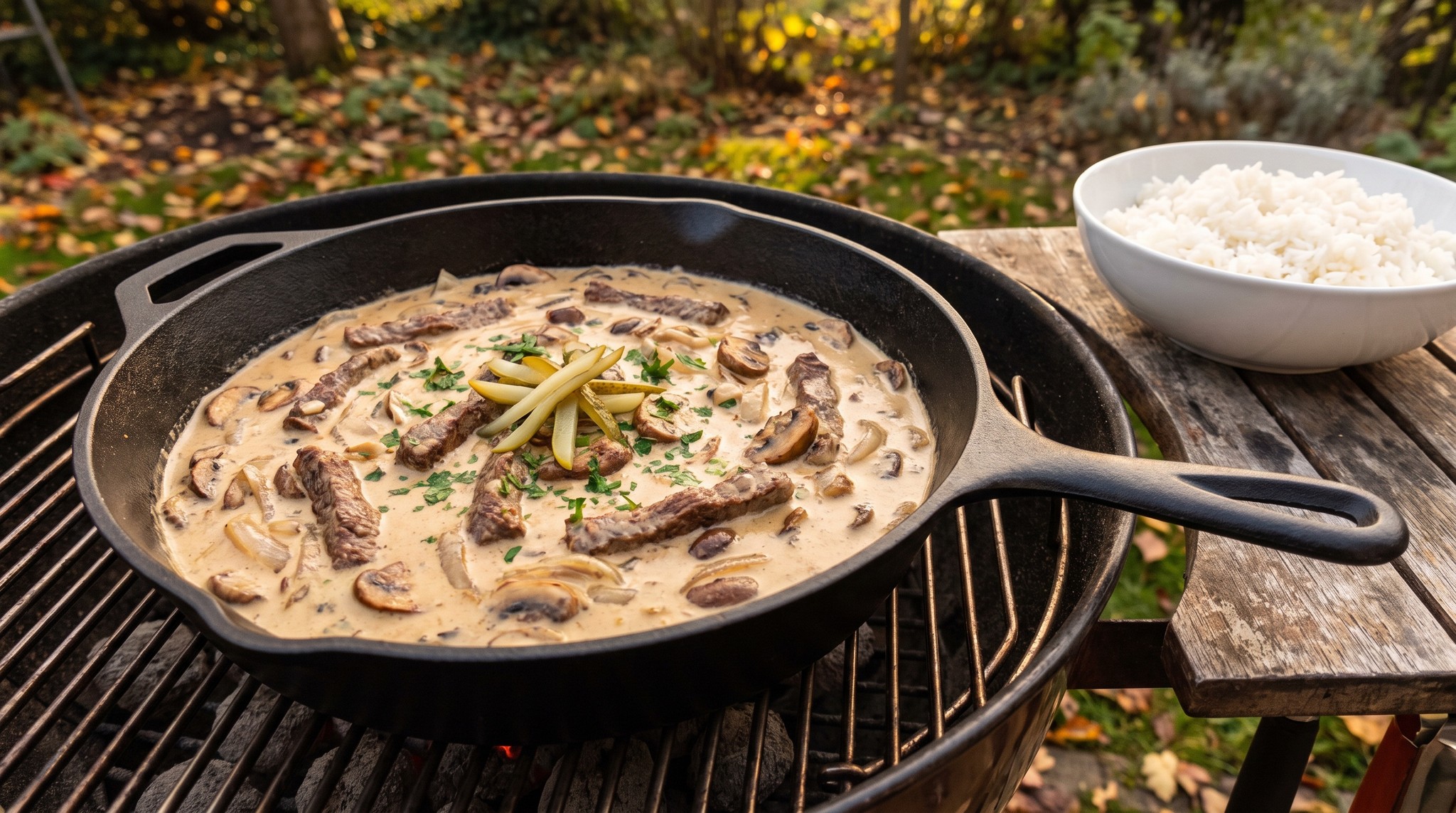 Marha stroganoff öntöttvas serpenyőben a grillen