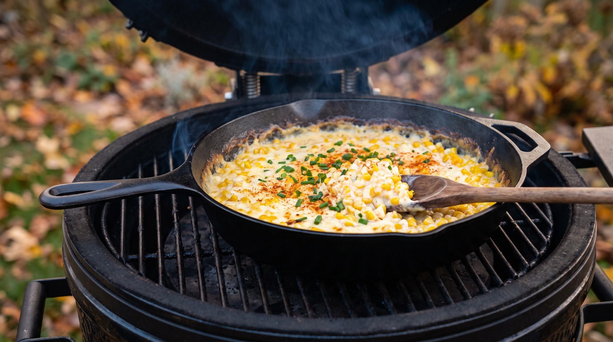 Füstölt tejszínes kukorica öntöttvas serpenyőben a grillen