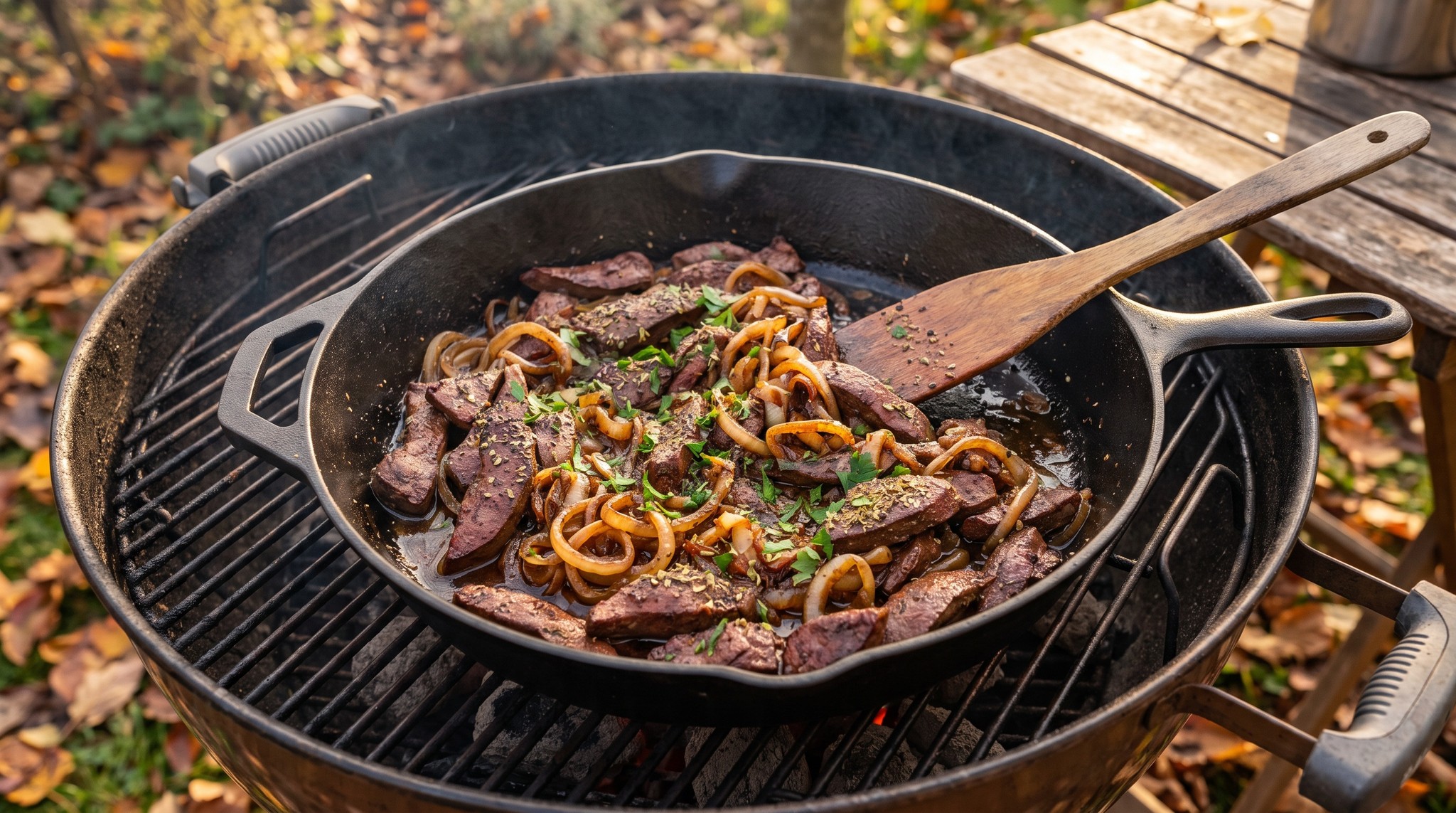 Hagymás sertésmáj öntöttvas serpenyőben a grillen