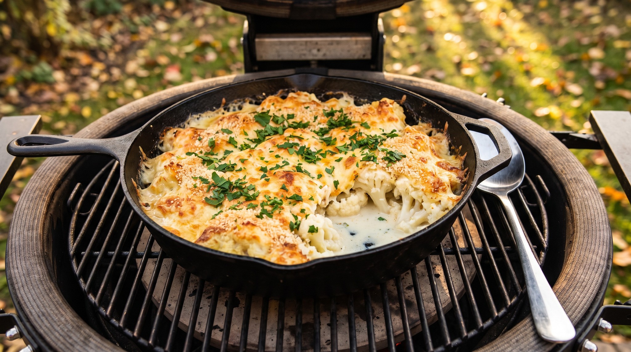 Sajtos-tejfölös rakott karfiol a grillen