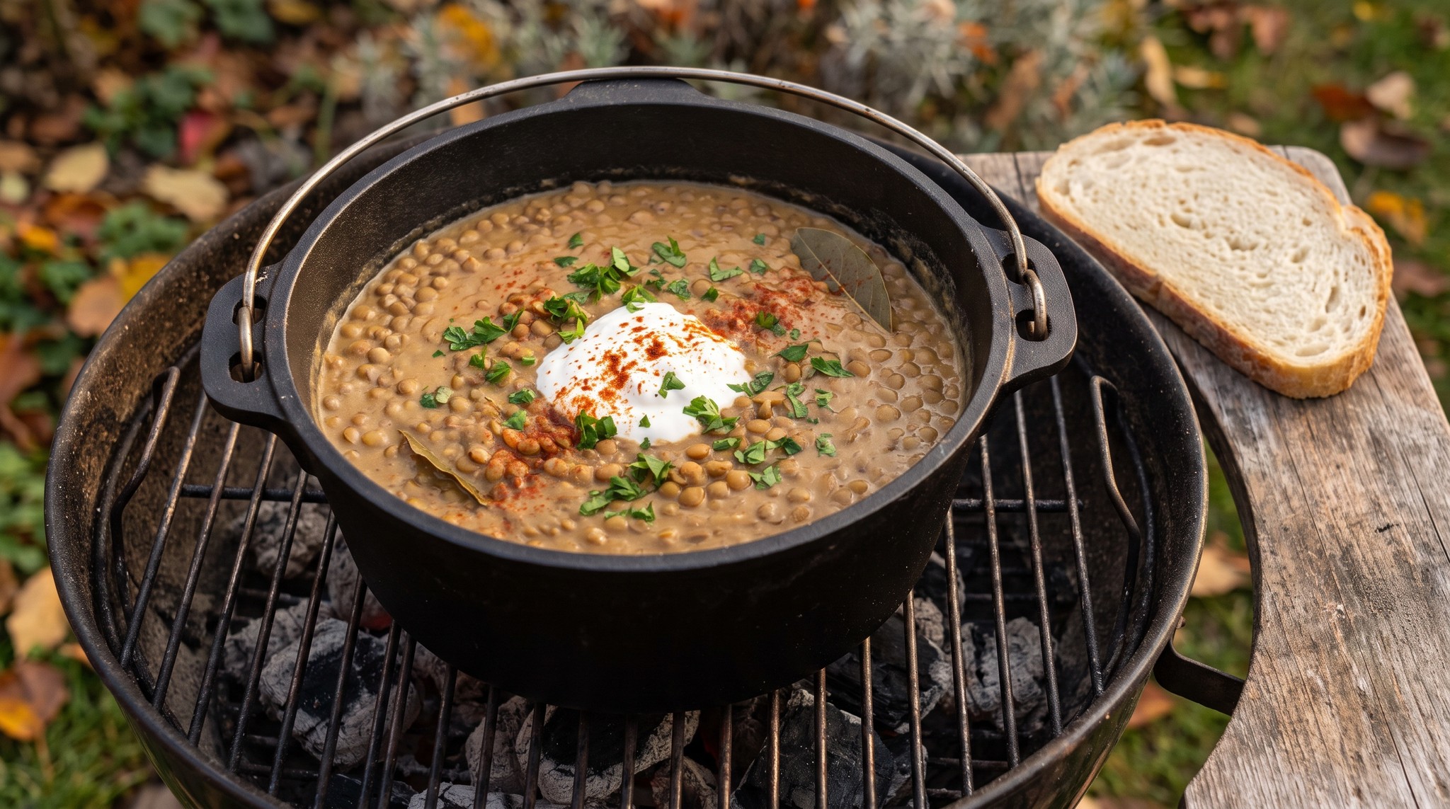 Lencsefőzelék öntöttvas lábasban a grillen