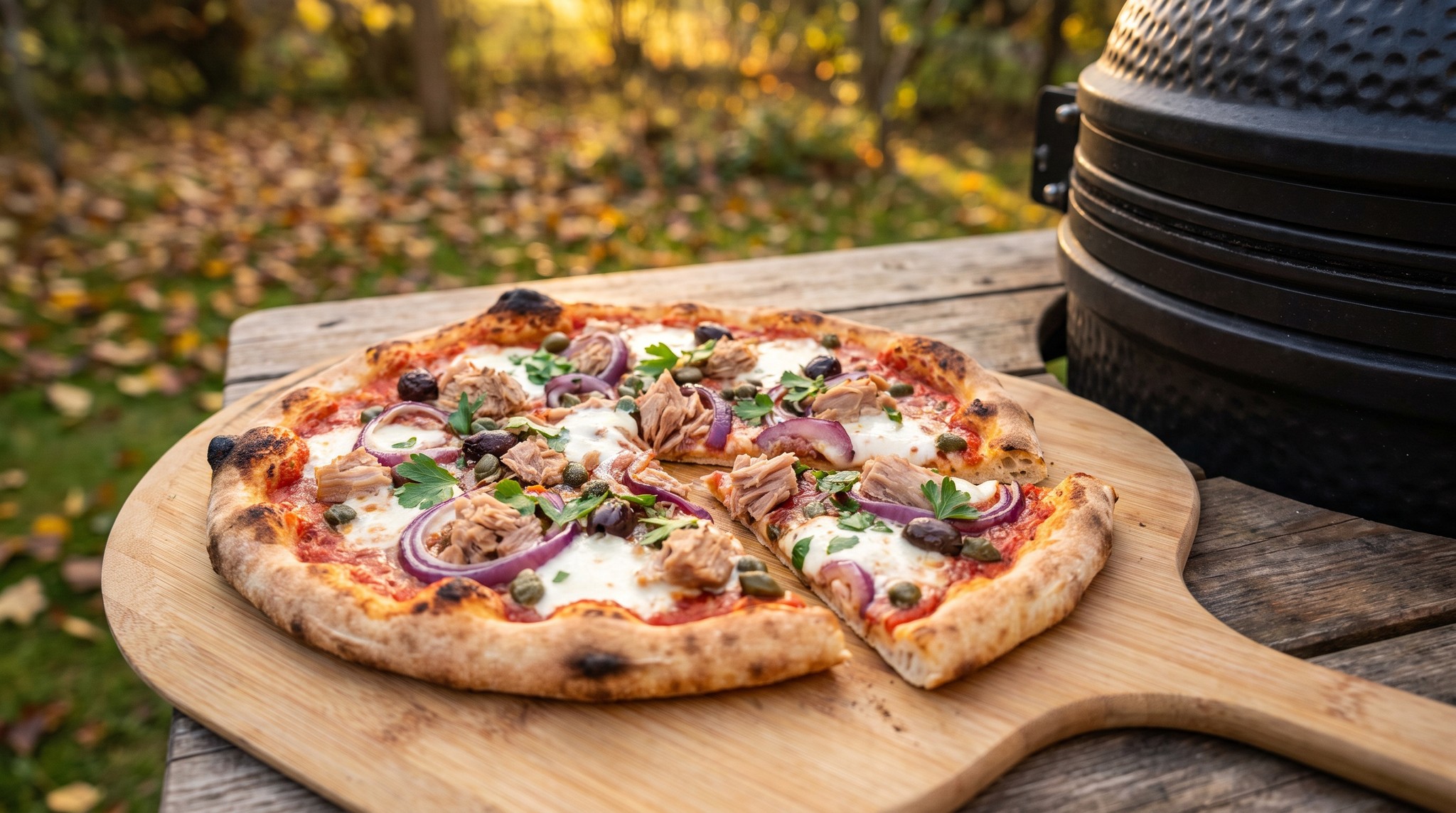 Tonhalas-lilahagymás pizza a grillen