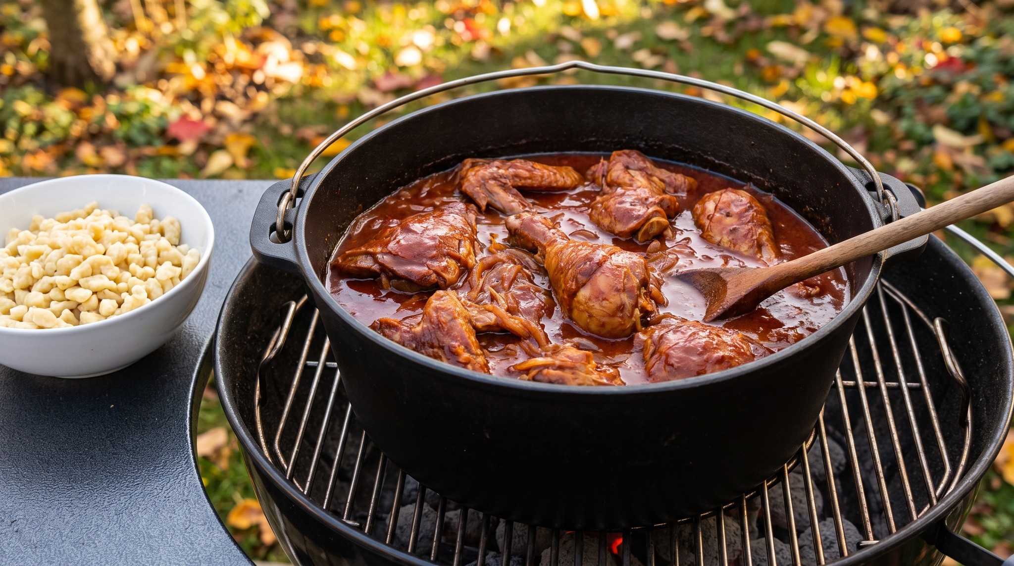 Vörösboros kakaspörkölt öntöttvas lábasban a grillen